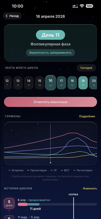 Экран трекера цикла в приложении МУНА